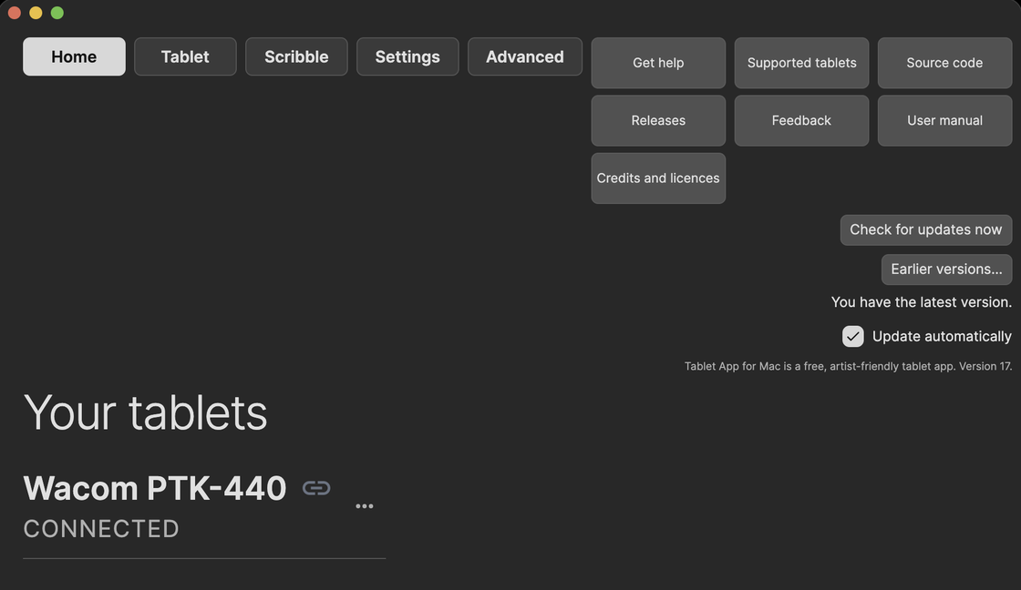 Home page of Tablet App for Mac, Version 16 BETA 1, with Check for updates now and Go back to Version 15