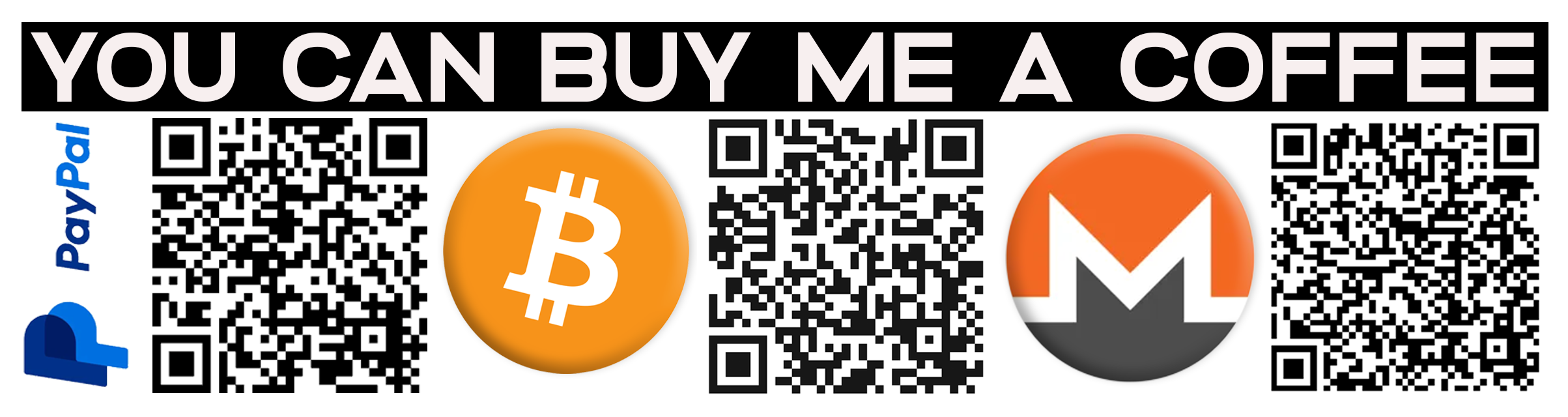 Banner: You can buy me a coffee, with PayPal, Bitcoin and Monero QR codes